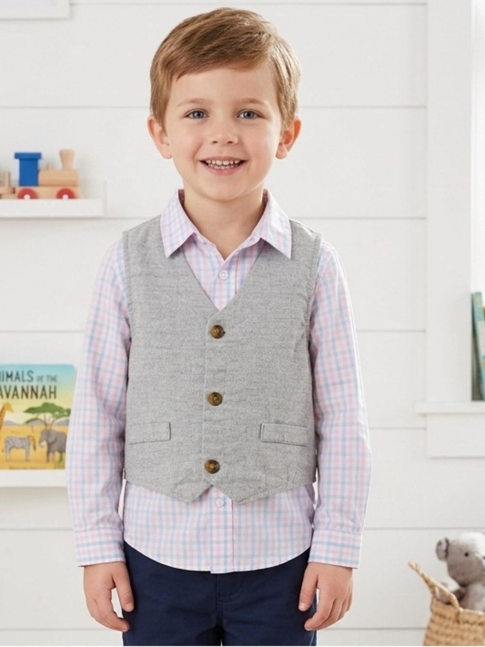 Take 50% OFF-Wonder Nation Gray Vest with Pink&Blue Plaid Button-Up Shirt, Sz-5T